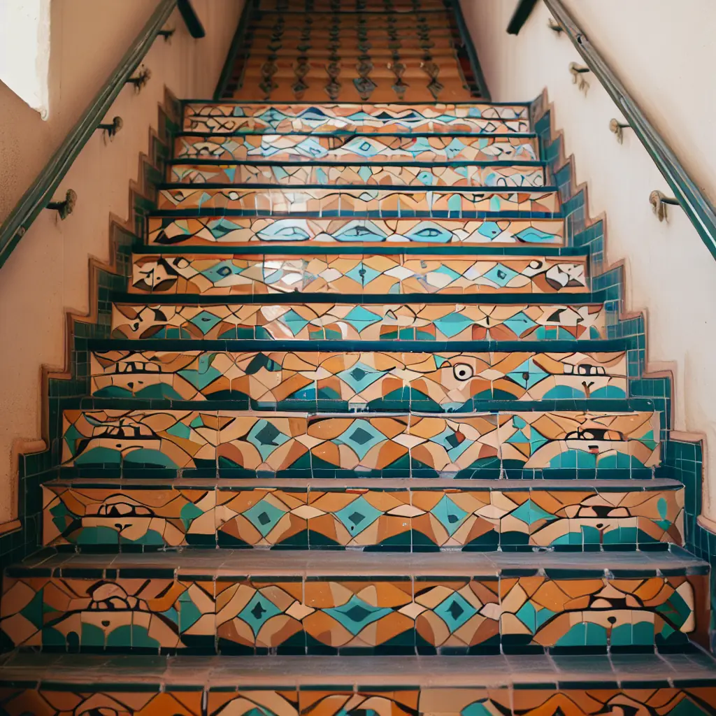 Staircase Eclectic Miami beige tiles blue tiles brick patio bright tile  stairs colorful stairs floral tiles g…